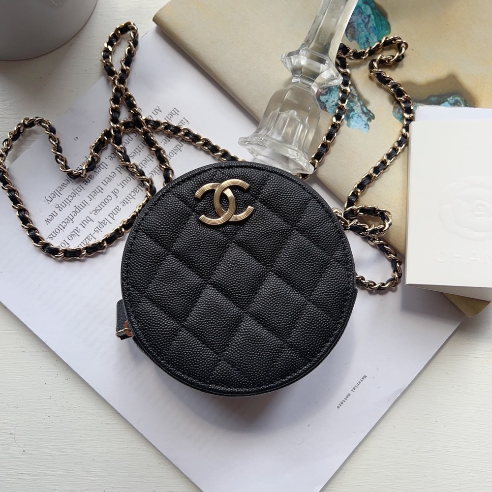 CHANEL Round Black Chain Quilted Caviar Clutch Bag